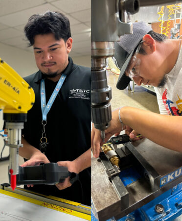 TSTC students Antonio Martinez (left) and Christopher Sanchez, who are studying Mechatronics Technology and Precision Machining Technology, respectively, demonstrate some of the hands-on lab assignments that will be part of each program’s night classes.