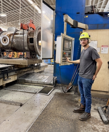 Donovan Suchan, a TSTC Precision Machining Technology student, mills the flange of the rear axle for a large loader as part of his internship at Komatsu. (Photo courtesy of TSTC.)