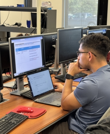 TSTC student Adair Briones studies material before starting a master exam in a Cybersecurity program lab at TSTC. (Photo courtesy of TSTC.)