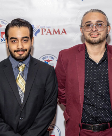 Erick Ramirez (left), an Aircraft Airframe Technology student at TSTC’s Harlingen campus, and Leo Guajardo, TSTC’s aviation maintenance program team lead in Harlingen, celebrate the recent Airframe and Powerplant Scholarship that was awarded to Ramirez and five other students in Texas from the Professional Aviation Maintenance Association (PAMA) South Texas chapter.