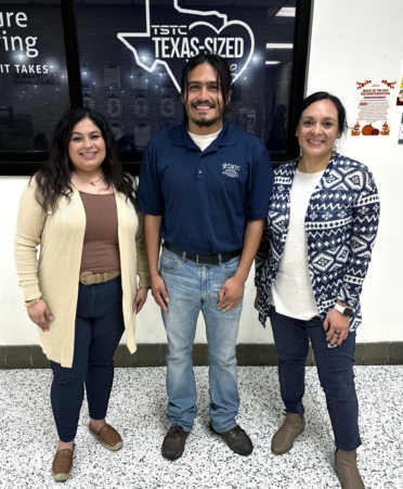 Noe Garza (center), a Building Construction Technology student at TSTC’s Harlingen campus, stands next to Tina Balli (left), a TSTC Advocacy and Resource Center Lead, and Cynthia Morley, a TSTC Advocacy and Resource Center coach, who helped provide Garza with several of his basic needs to help him focus on his first semester at TSTC.