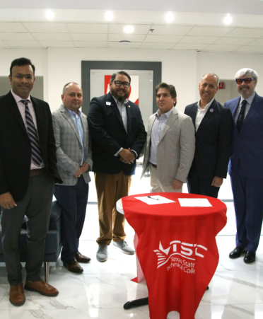 (Left to right) Dr. Sridhar R. Allam, director of the DHR Health Transplant Institute, Dr. Leo Lopez, president of the Organ Transplant Foundation of South Texas, Eladio Jaimez, provost of TSTC’s Harlingen campus, Pedro Salazar, CEO of Red Square Dental & Orthodontics, Edinburg Mayor Ramiro Garza Jr., and Dr. Victor Loshkarev, a dentist at Red Square Dental & Orthodontics, celebrate the signing of a memorandum of understanding between TSTC’s Dental Hygiene program and Red Square Dental & Orthodontics.