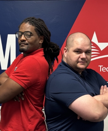 Fred Lee, left, and Hunter Henry stand in the Career Services office at TSTC’s East Williamson County campus.