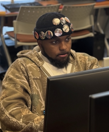 TSTC Computer Networking and Systems Administration student Sa’eed Hudson takes an exam on a computer in the classroom during a recent class session.