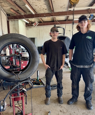 TSTC Diesel Equipment Technology students Avry Conley (right) and Carter Scraver work for Mavis Tires and Brakes’ Marshall location. (Photo courtesy of TSTC.)